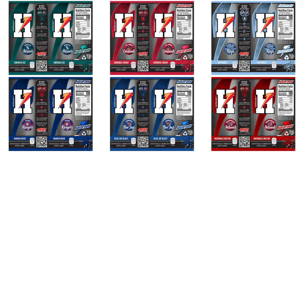 Custom sports drink labels for MLB teams, featuring team logos, flavors, and nutrition facts for print-ready designs.