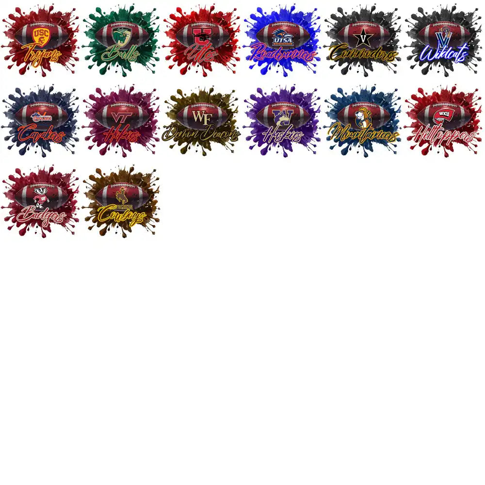 College football team logos with paint splatter effects, print-ready for DTF, DTG, embroidery