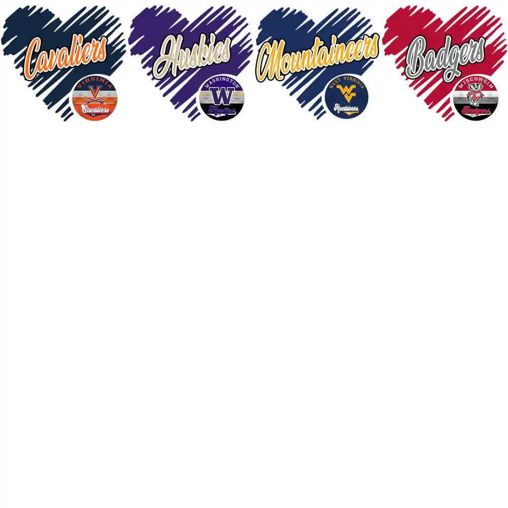 College sports team logos: Cavaliers, Huskies, Mountaineers, Badgers in heart designs