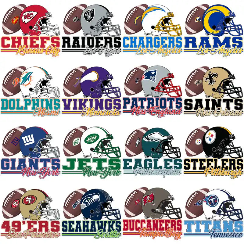 NFL team helmets with footballs, print-ready designs for DTF, DTG, embroidery, and tumbler wraps