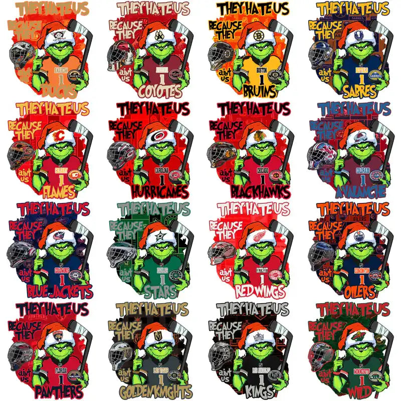 Grinch in NHL team jerseys with 'They Hate Us' text, hockey gear, festive designs