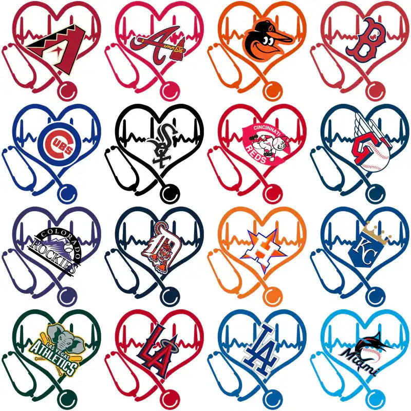 Heart-shaped stethoscope designs with MLB team logos for DTF/DTG and embroidery projects