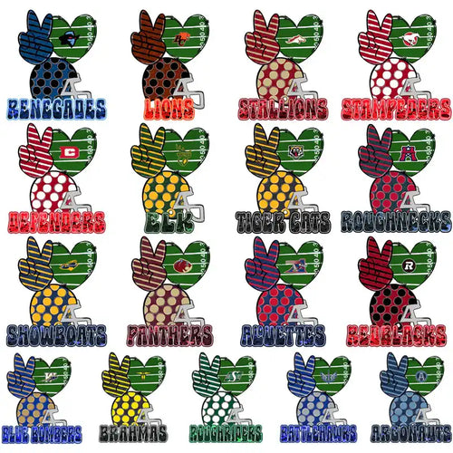 Football team heart designs with peace signs, helmets, and patterns for DTF/DTG printing