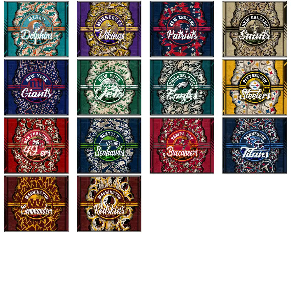 NFL team logos in vibrant, artistic designs for DTF/DTG and embroidery projects