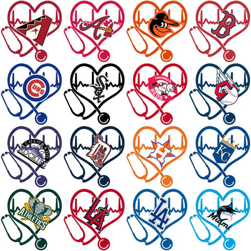 Heart-shaped stethoscope designs with MLB team logos for DTF/DTG and embroidery projects