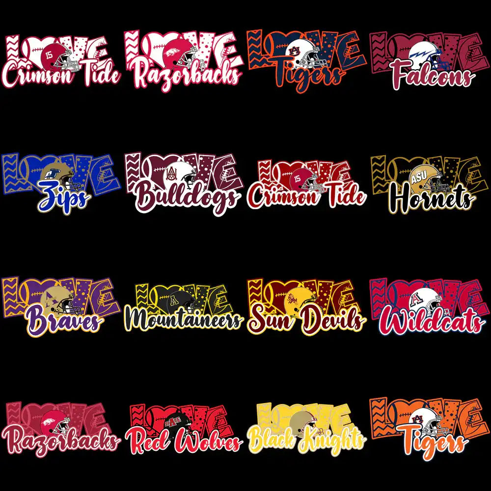 College football team love designs with helmets for DTF, DTG, embroidery, and tumbler wraps