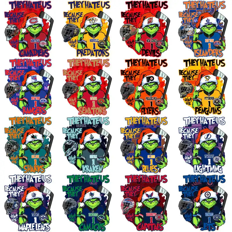 Grinch in NHL team jerseys with 'They Hate Us' text, festive hockey designs for print
