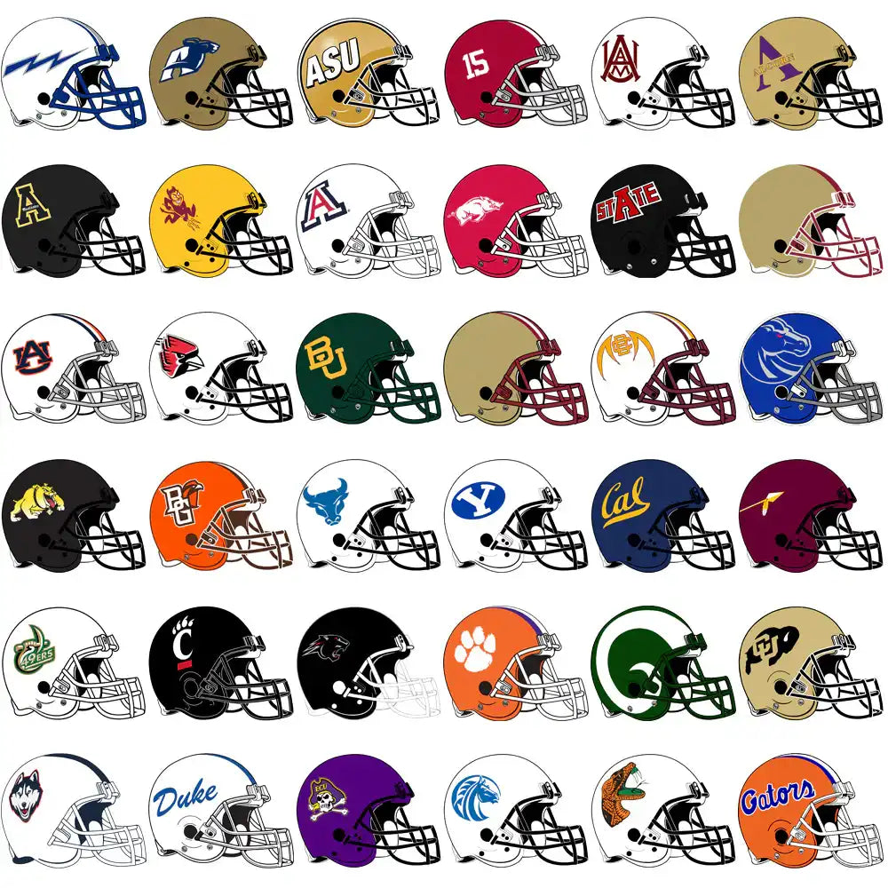 College football helmet designs for DTF, DTG, embroidery, and tumbler wraps – print-ready PNG, SVG, PES