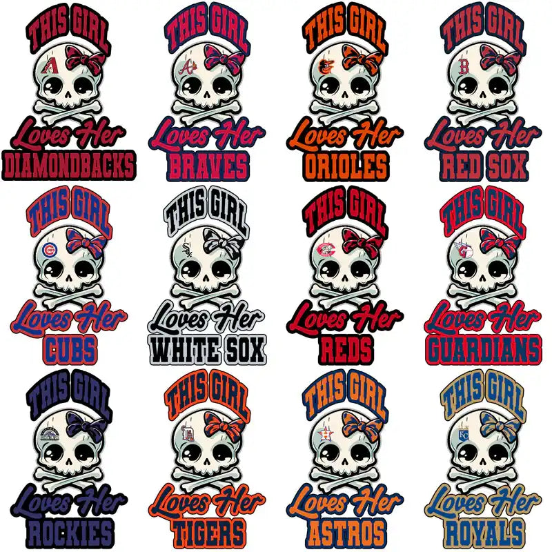 Skull designs with team logos for MLB fans, perfect for DTF/DTG and embroidery projects.