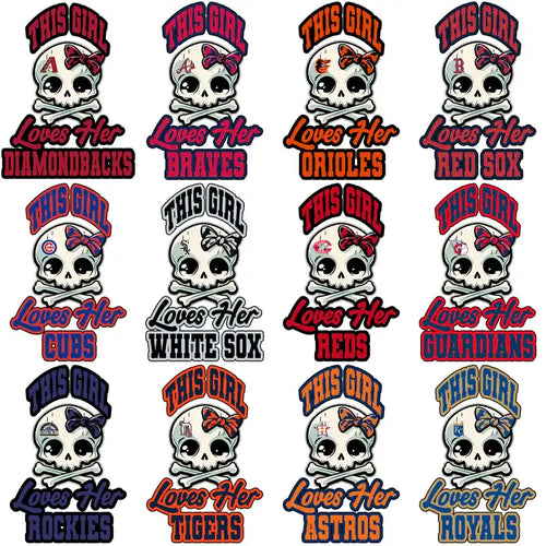 Skull designs with team logos for MLB fans, perfect for DTF/DTG and embroidery projects.