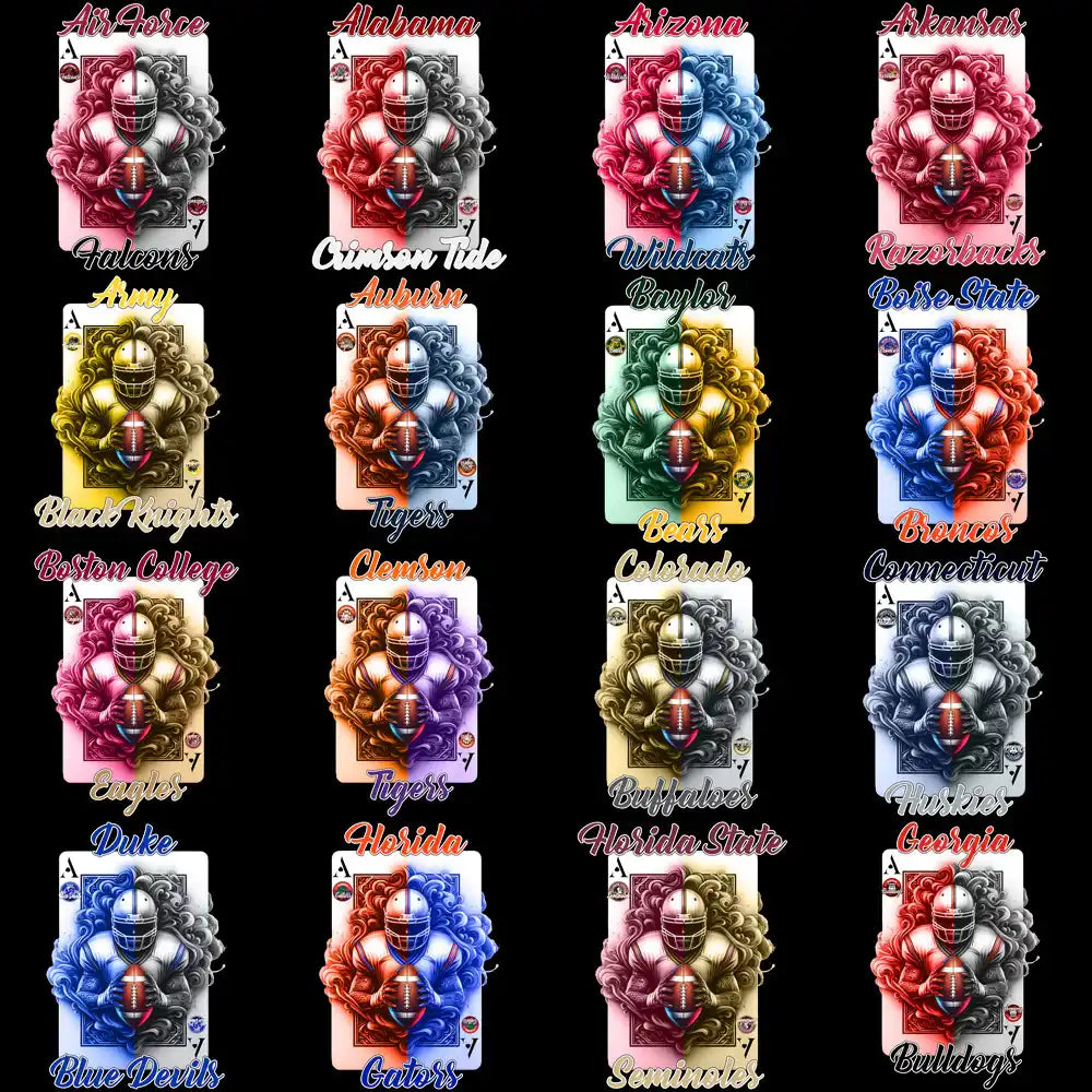 College football team designs on playing cards, print-ready for DTF, DTG, embroidery, tumbler wraps
