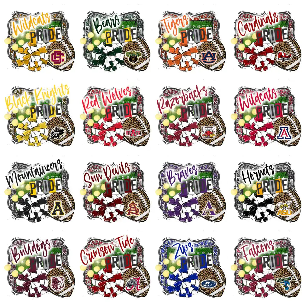 College team pride designs with bows, footballs, and logos for DTF/DTG printing