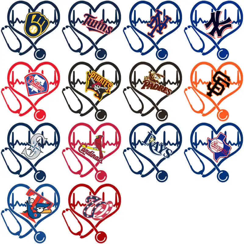 Baseball team logos in heart shapes with stethoscopes and EKG lines for medical fans