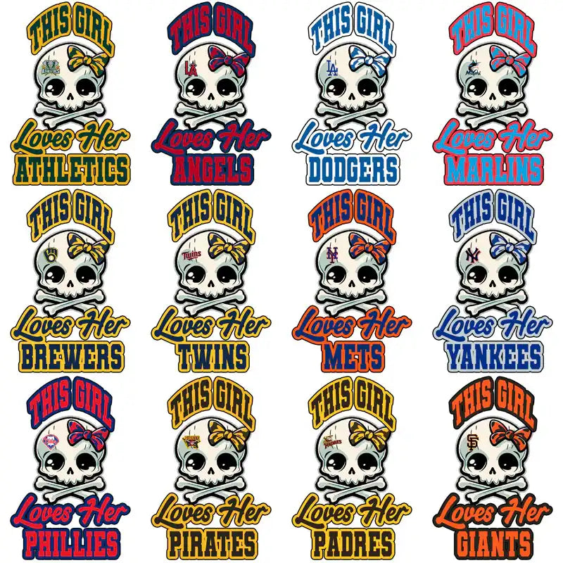 Skull designs with bows and MLB team names for DTF/DTG and embroidery projects