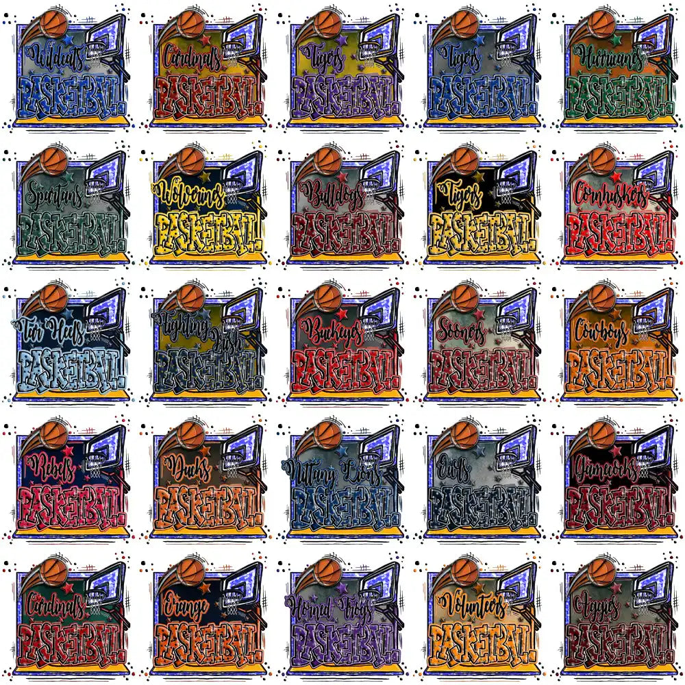 Basketball team designs for DTF/DTG, embroidery, and tumbler wraps with vibrant colors and bold text.