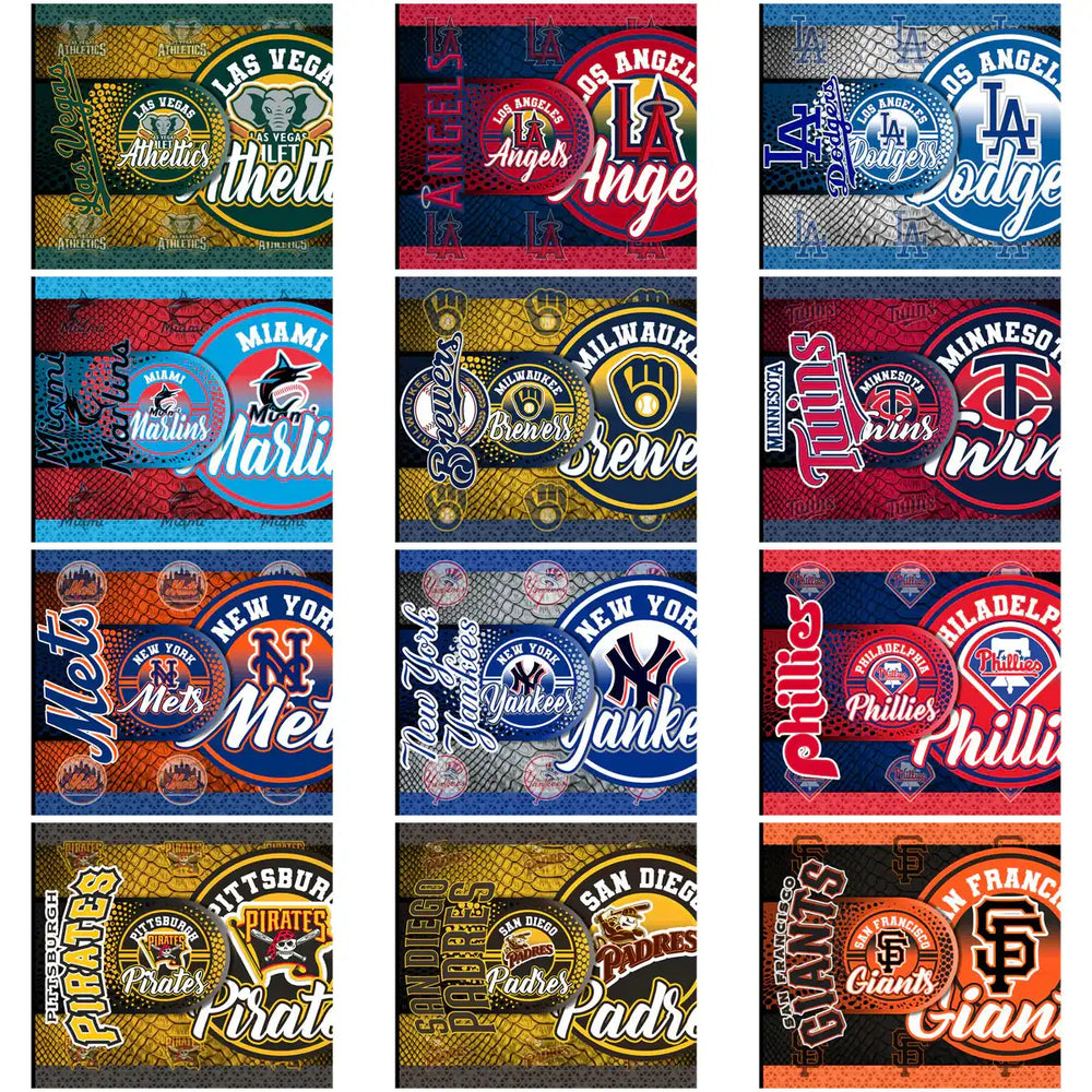 MLB team logos for DTF/DTG printing: Athletics, Angels, Dodgers, Marlins, Brewers, Twins, Mets, Yankees, Phillies, Pirates, Padres, Giants