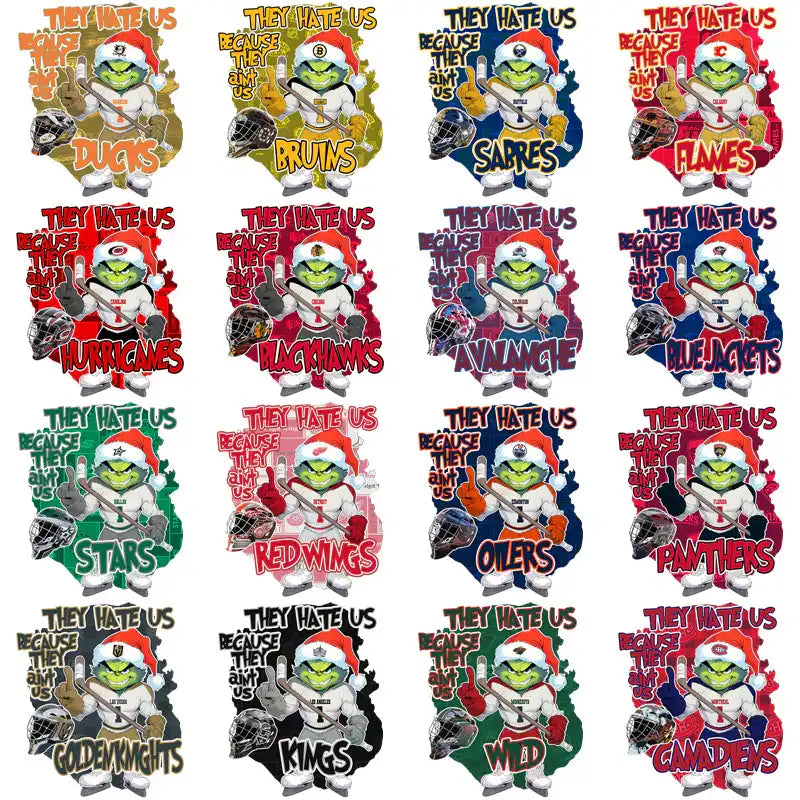 Grinch in Santa hat hockey designs for DTF/DTG, embroidery, tumbler wraps — NHL team themes, print-ready PNG/SVG