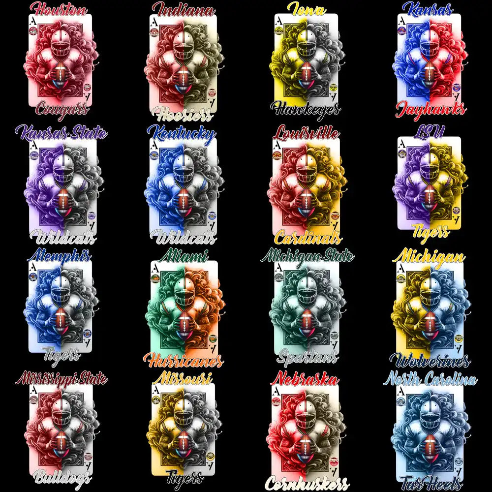 College football team-themed playing cards with vibrant designs for DTF/DTG and embroidery