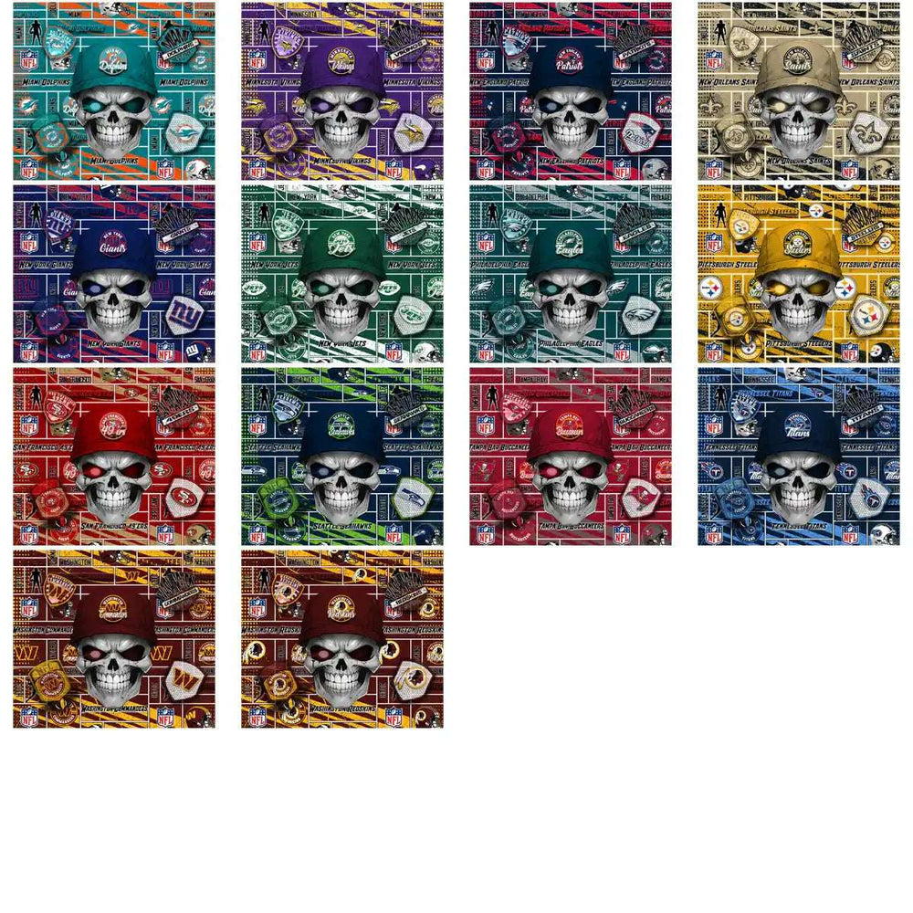 NFL team skull designs for DTF/DTG, embroidery, tumbler wraps, print-ready PNG, PES, SVG