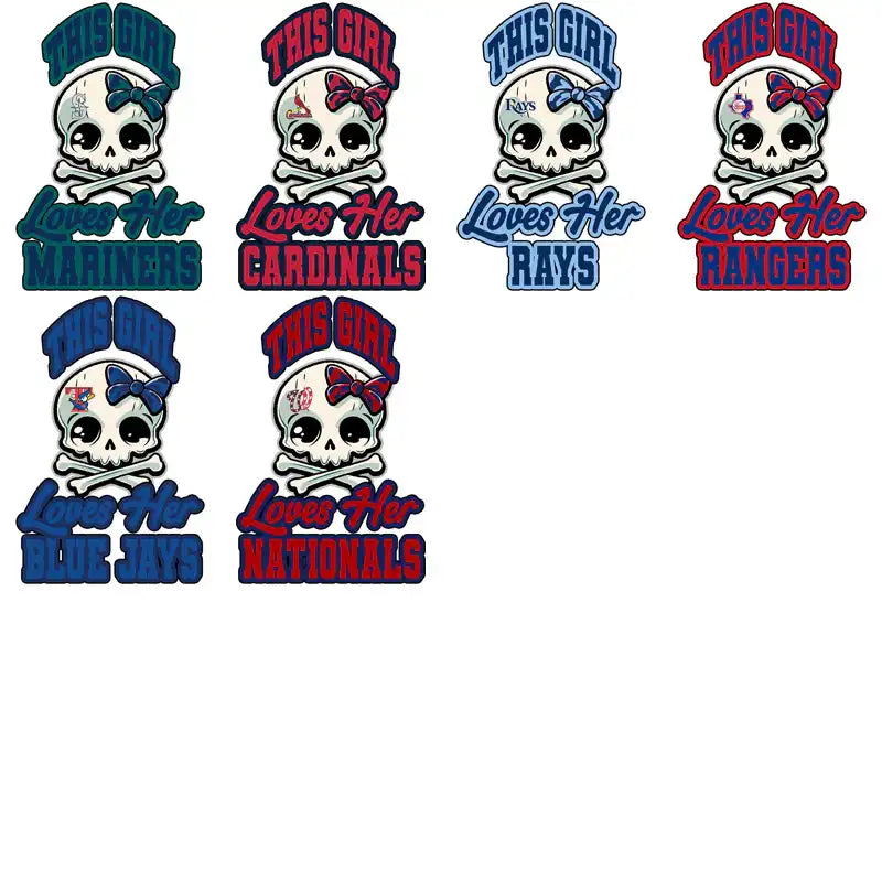 Cute skull designs with bows and MLB team names for DTF/DTG printing