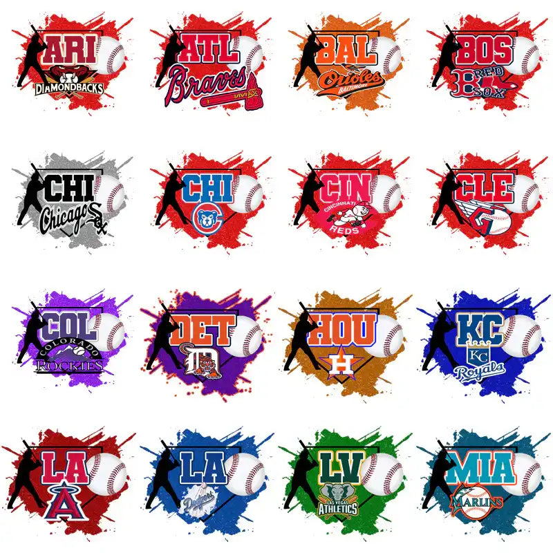 Baseball team logos with vibrant splashes, ideal for DTF/DTG and embroidery designs.