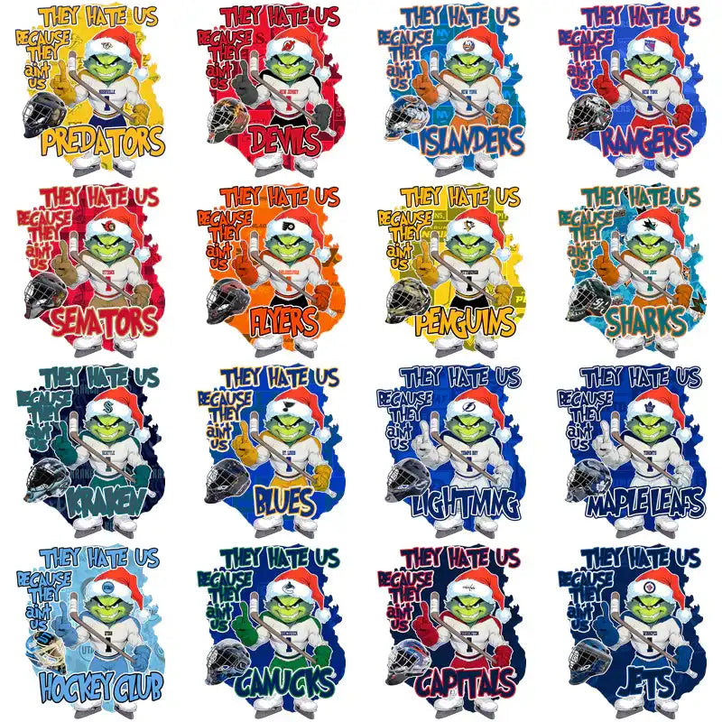 Hockey team designs with 'They Hate Us' slogan, Santa hats, and DTF/DTG-ready graphics for print