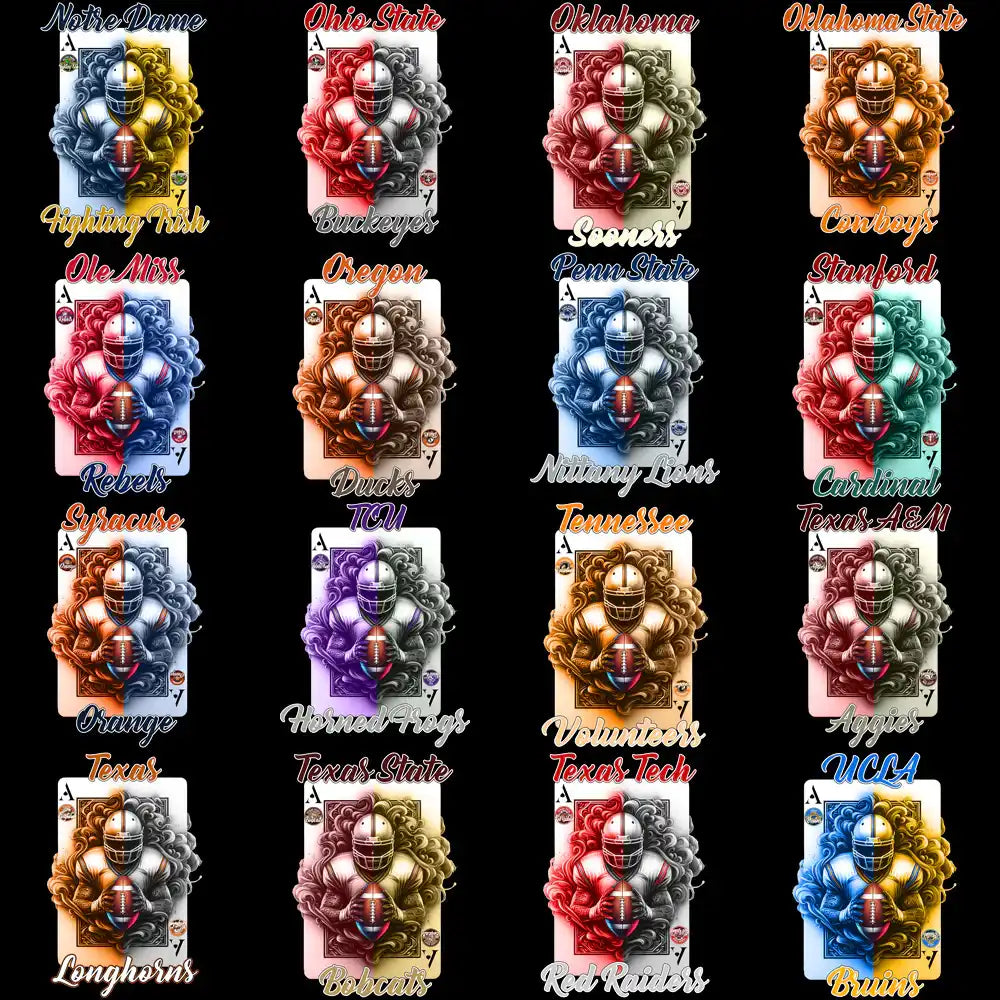 College football team-themed playing cards with vibrant designs for DTF/DTG and embroidery.