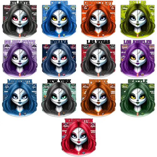 13 spooky stitched doll designs with team colors, perfect for DTF/DTG and embroidery projects