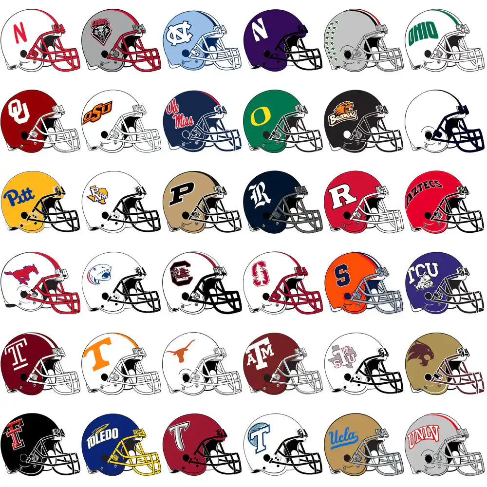 College football helmet designs for DTF, DTG, embroidery, and tumbler wraps – print-ready PNG, SVG, PES files