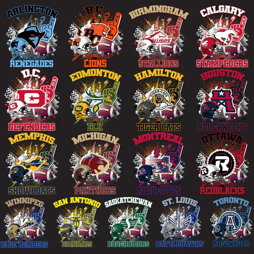 16 Canadian football team designs with helmets, footballs, and foam fingers for DTF/DTG printing