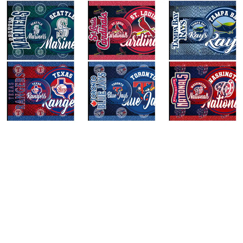 MLB team logos for Mariners, Cardinals, Rays, Rangers, Blue Jays, Nationals — print-ready designs