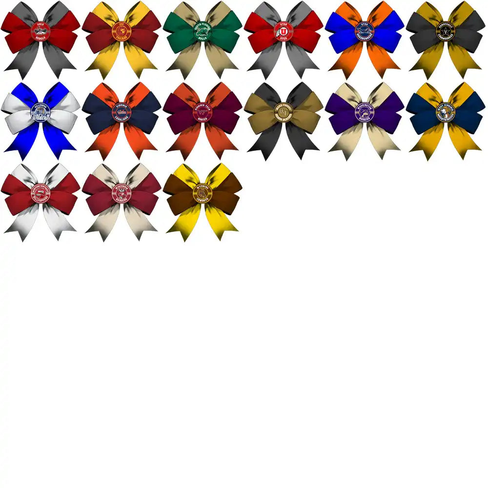 Colorful team spirit bows with logos, perfect for sports fans and school events.