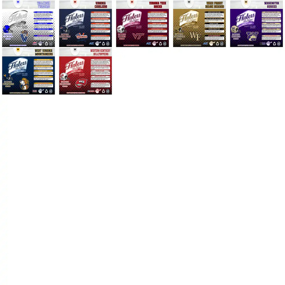 College sports team designs for DTF/DTG printing, featuring NCAA logos and team colors, print-ready PNG files.