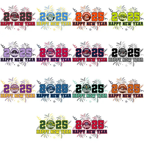 2025 Happy New Year designs with team logos, fireworks, and festive colors for DTF, DTG, embroidery