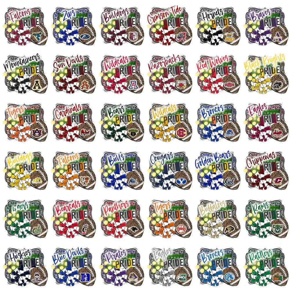 College football team pride designs with bows, logos, and leopard print for DTF, DTG, embroidery