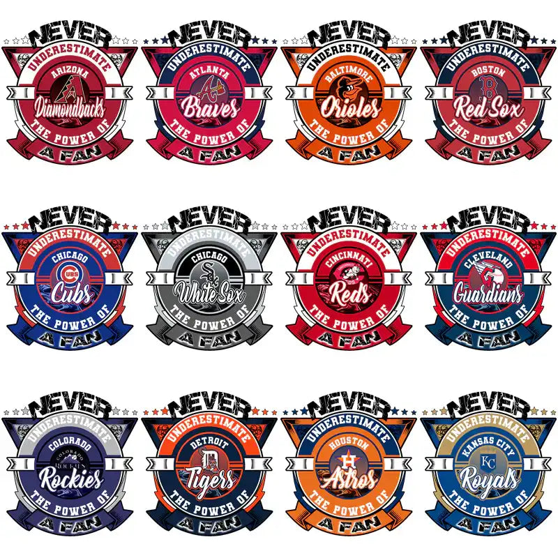 Baseball team fan designs with 'Never Underestimate the Power of a Fan' for DTF/DTG and embroidery