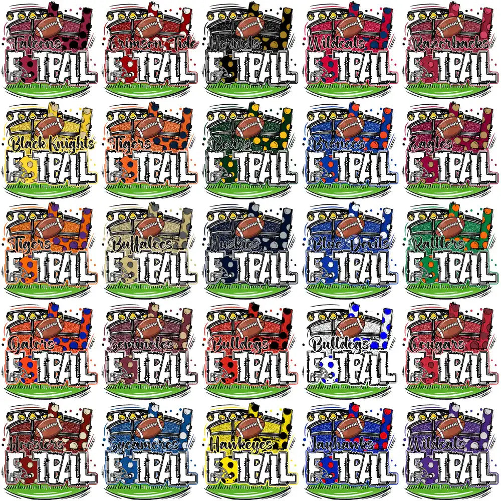 Football team designs for DTF/DTG, embroidery, and tumbler wraps with vibrant colors and bold text.