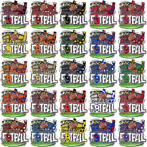 Football team designs for DTF/DTG, embroidery, and tumbler wraps with vibrant colors and bold text.