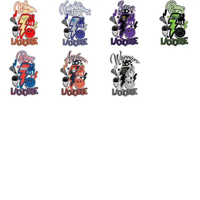 Vibrant lacrosse team logos with bold colors and dynamic designs for DTF/DTG printing.