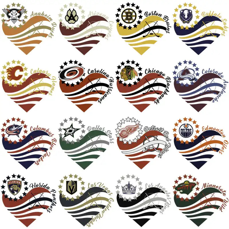 Heart-shaped NHL team designs with patriotic stripes for DTF/DTG and embroidery projects