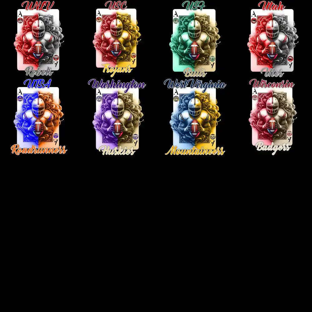 College football team-themed playing cards with vibrant designs for DTF/DTG and embroidery