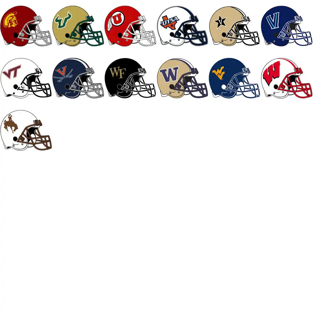 College football helmet designs for DTF DTG printing, featuring team logos and colors, ready for instant download.