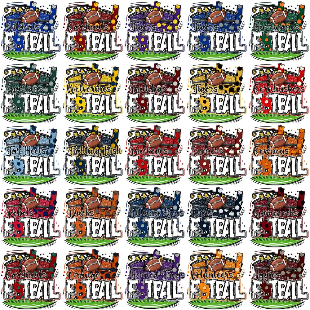 Football team designs for DTF/DTG and embroidery, featuring team names and vibrant graphics.