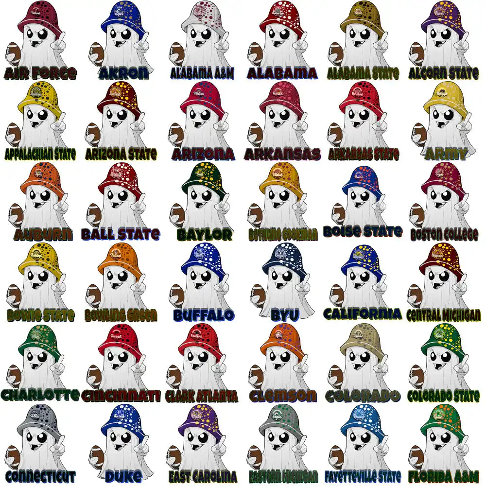 College football team ghost mascots with hats and footballs, print-ready designs for DTF/DTG and embroidery.