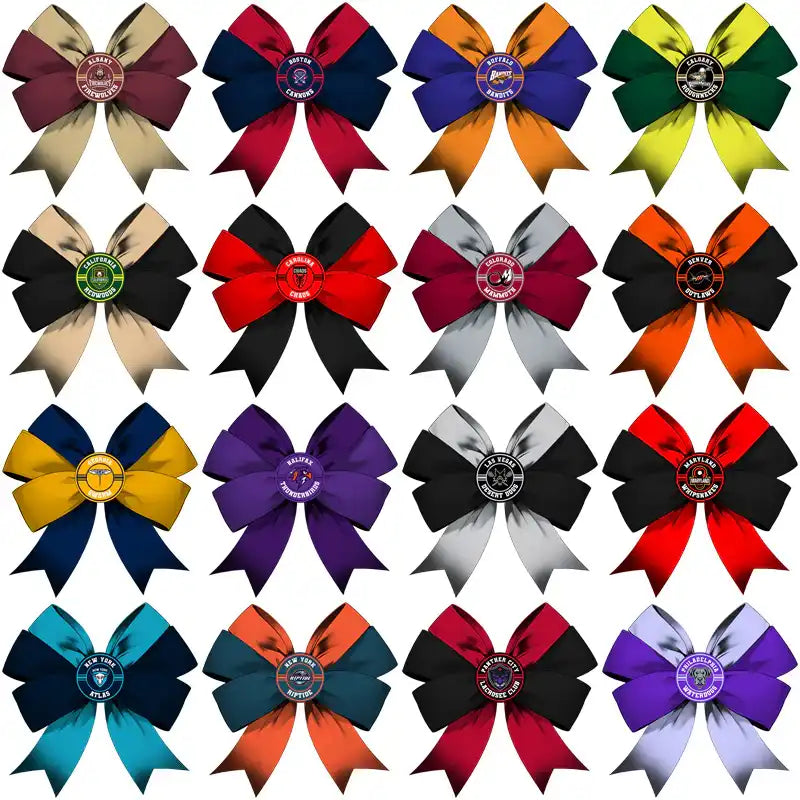 Colorful satin cheer bows with team logos, perfect for DTF/DTG printing and custom apparel designs.