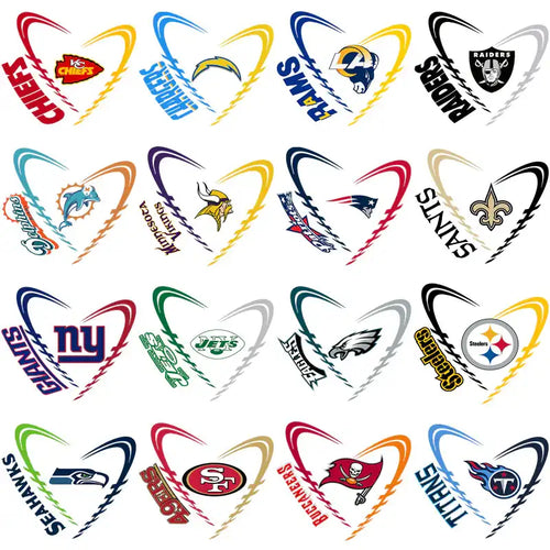 NFL team logos in heart shapes, print-ready designs for DTF, DTG, embroidery, and tumbler wraps