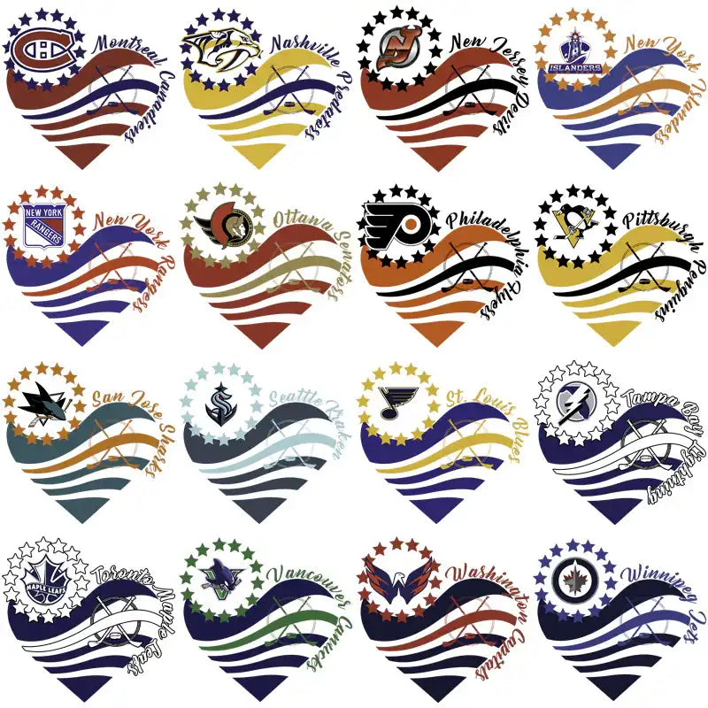 Heart-shaped NHL team logos with patriotic stripes and stars for DTF/DTG designs