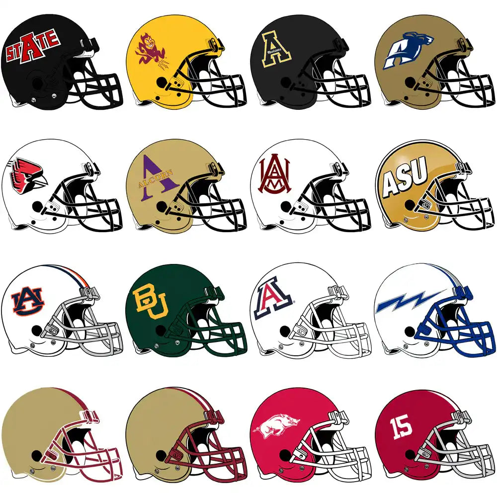 College football helmet designs for DTF, DTG, embroidery. Print-ready PNG, SVG, PES files. Instant download.