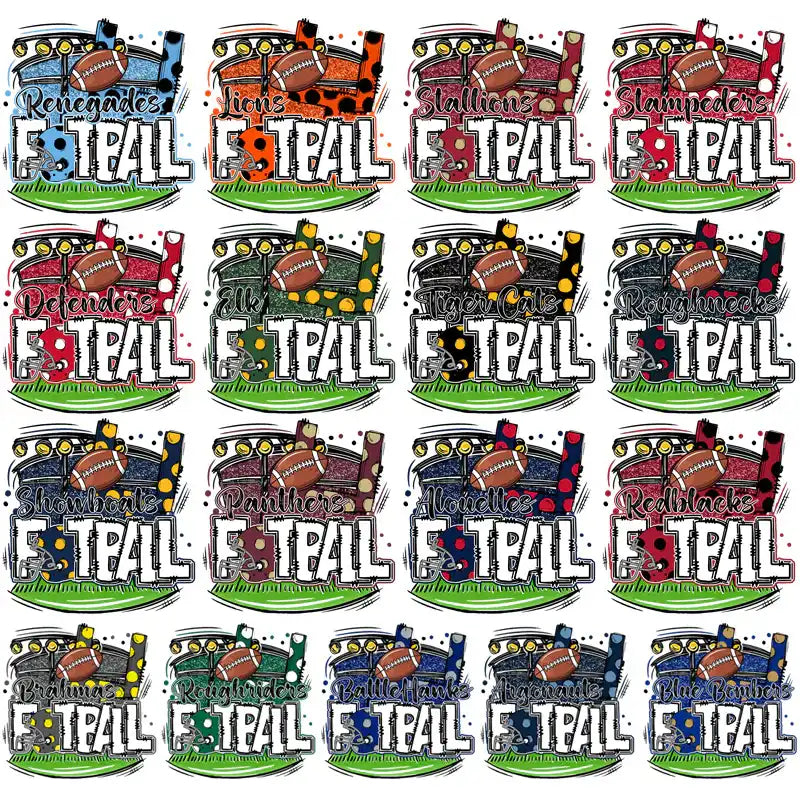 Football team designs for DTF/DTG, embroidery, and tumbler wraps with vibrant colors and bold text.