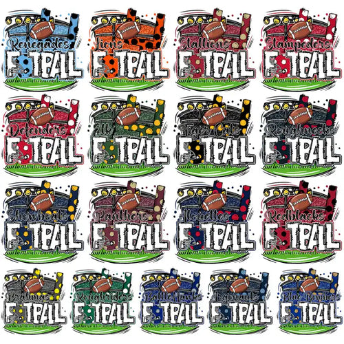 Football team designs for DTF/DTG, embroidery, and tumbler wraps with vibrant colors and bold text.
